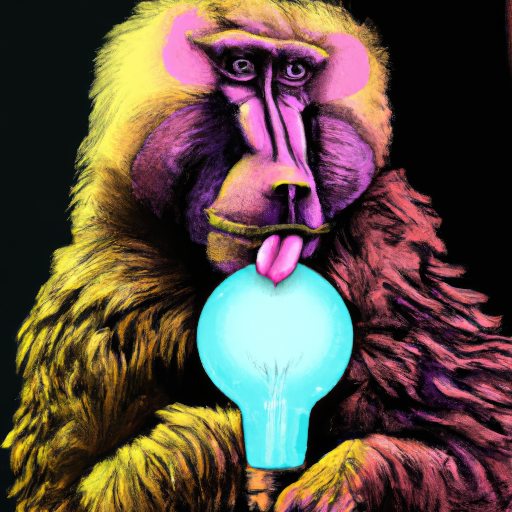neon colored baboon licking a lightbulb