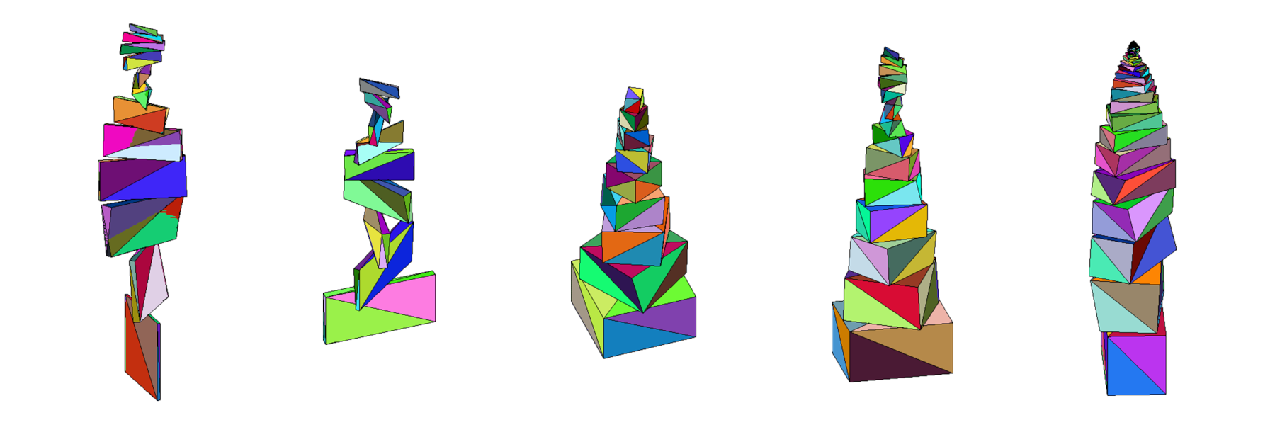 Colorful building block towers - from Spyrals, an art generator by Anton Hoyer coded in MATLAB