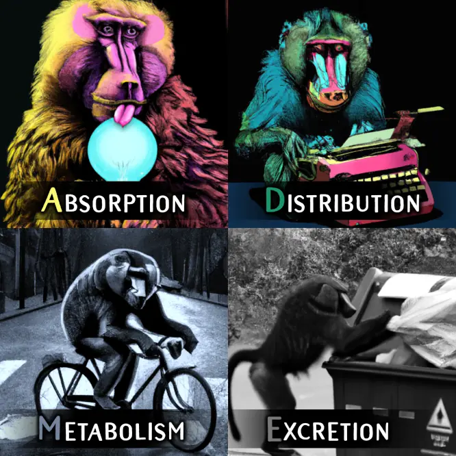 Absorption, Distribution, Metabolism, Excretion - the Naked Lunch baboon version.