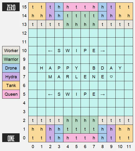 Initial array of Antoids in legendary colors, similar to chess, but some pieces cover multiple grid cells and the bases are 3x12 each.