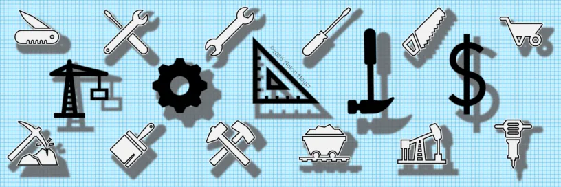 Pretty tools with heavy shadows, spelling out "TOOLS" in front of a drawing board. © Anton Hoyer